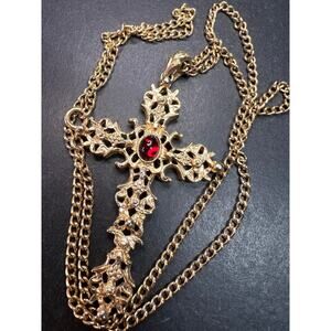 Vintage Avon Red Cabochon Filigree Cross Necklace 24”